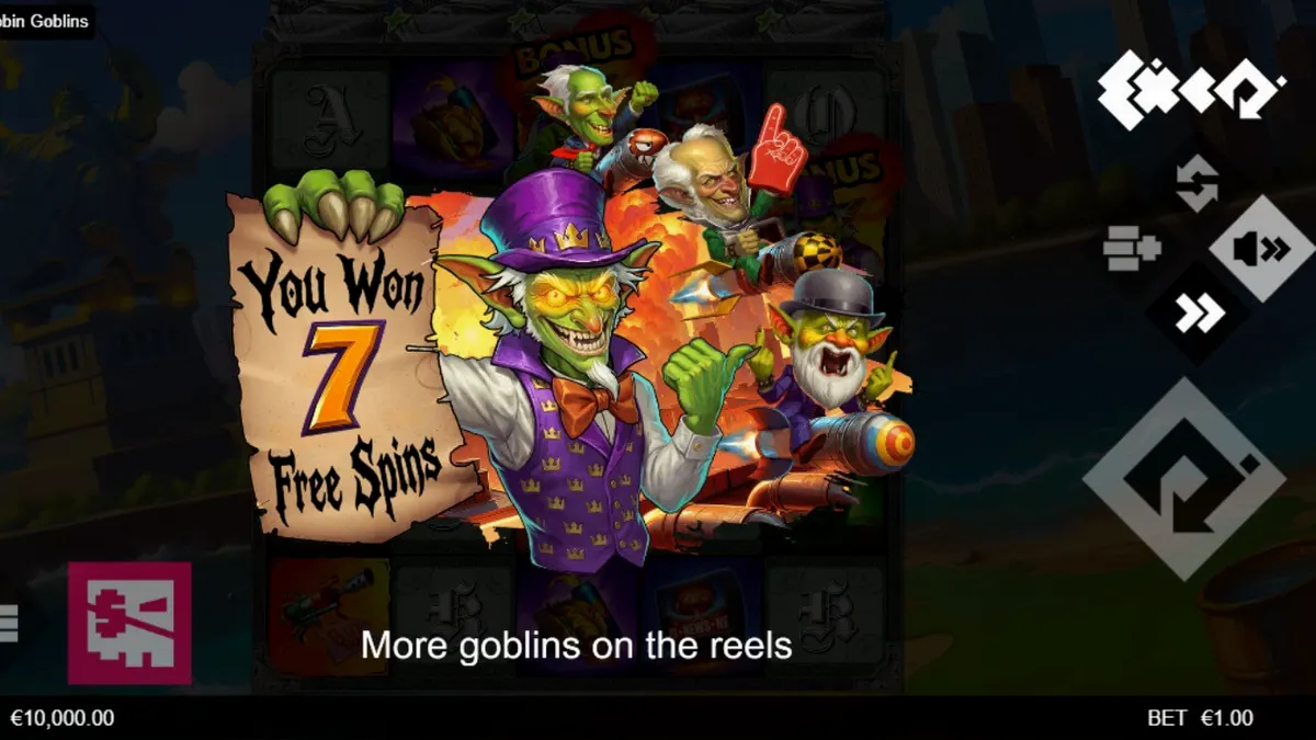 Isang makulay na visual ng Robbin' Goblins slot na may mga goblin at mga explosive symbols.